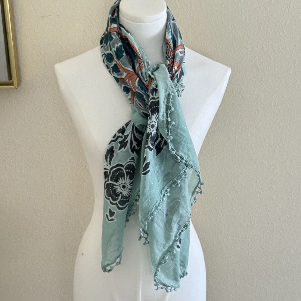 Boho Scarf Blue Coral Floral Metallic Cotton Fringe Festival Hippie India New - Picture 2 of 4